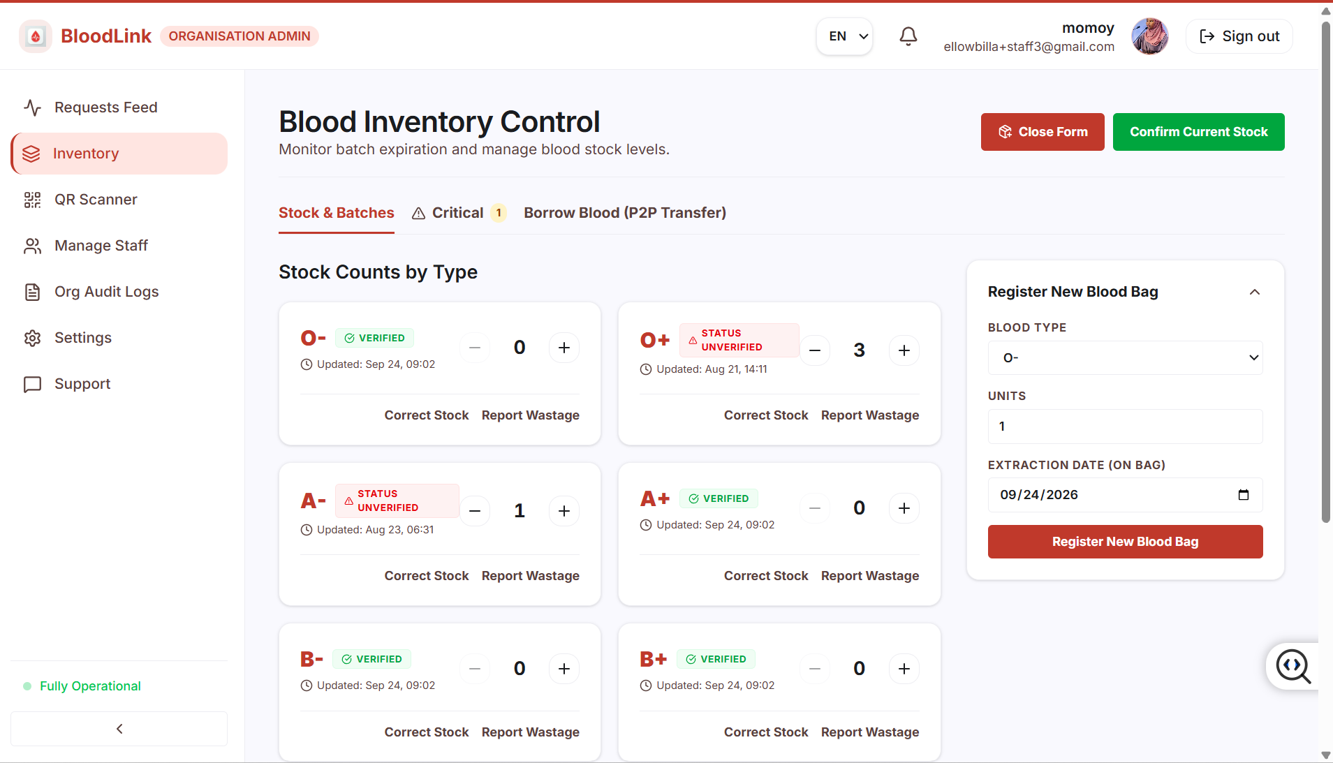 BloodLink screen: Blood inventory